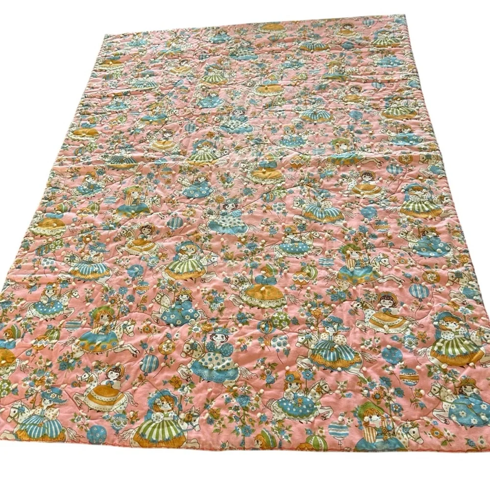 Vintage 1960's Mid Century Girl's Pink girl on carousel baby blanket 40” x 56”